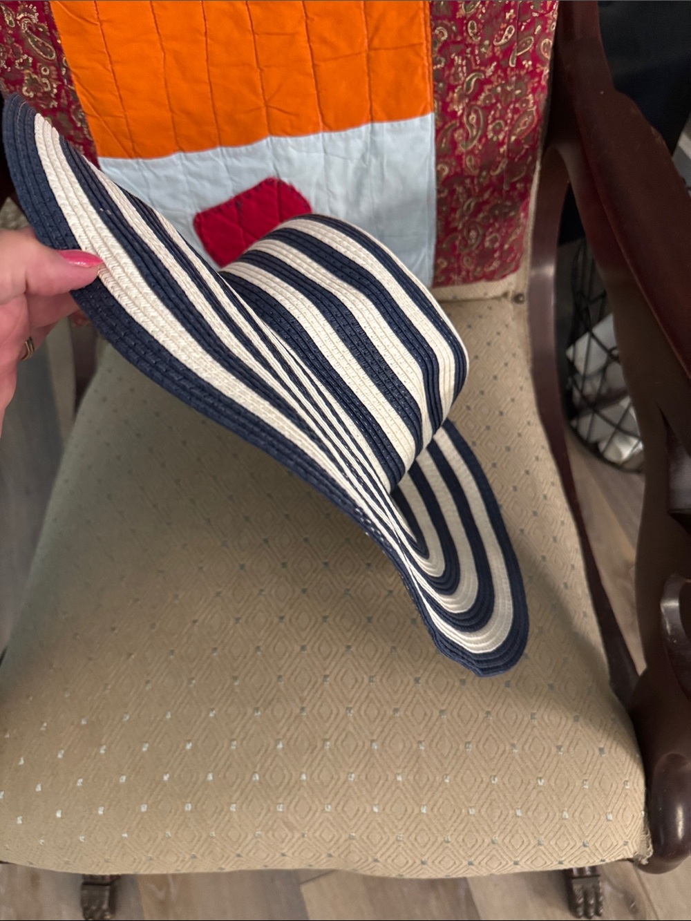 C Striped Wide-Brim Sun Hat - Navy & Cream - Picture 2 of 4